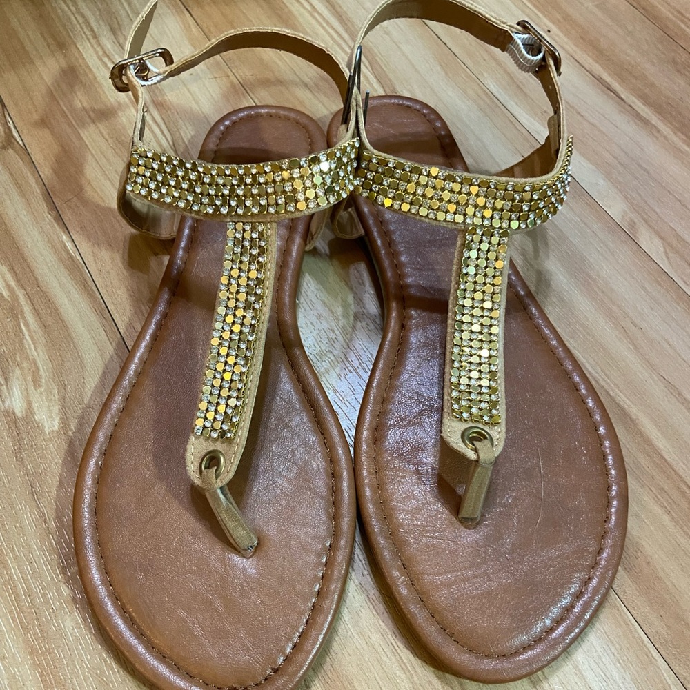 Claire’s Icing Gold Stone Chain Tan Suede Sandal